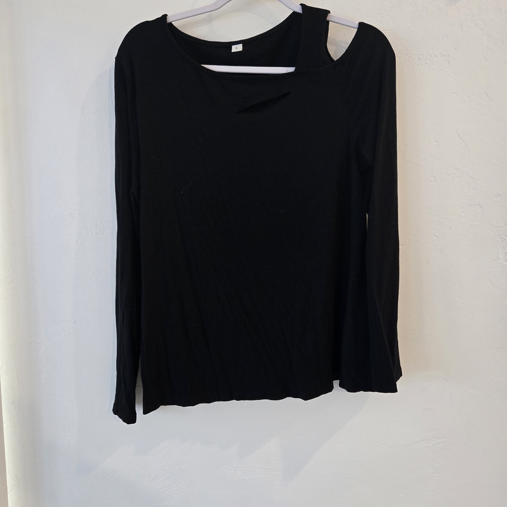 Black Long-Sleeve Asymmetric Cutout Women's Top